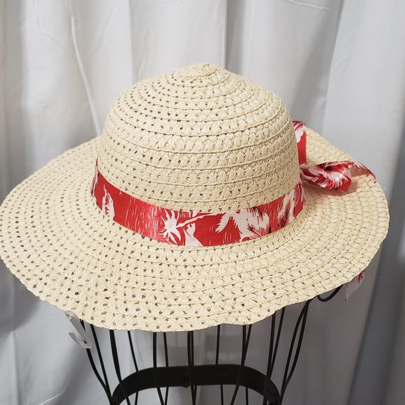 Straw Sun Hat W/ Tropical Flower Print Ribbon NWT